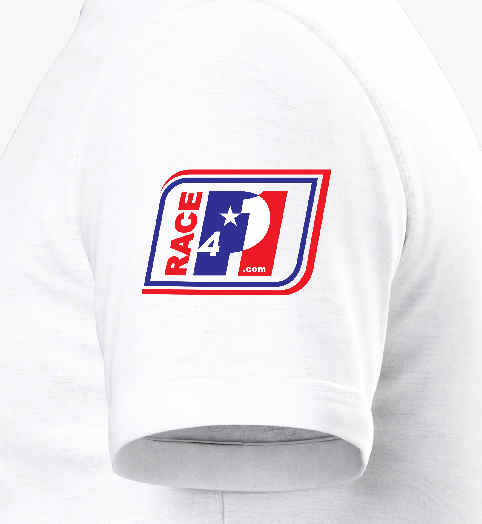 “Close-up of Race4P1 sleeve logo on white Miami Track Week 2026 t-shirt.”
