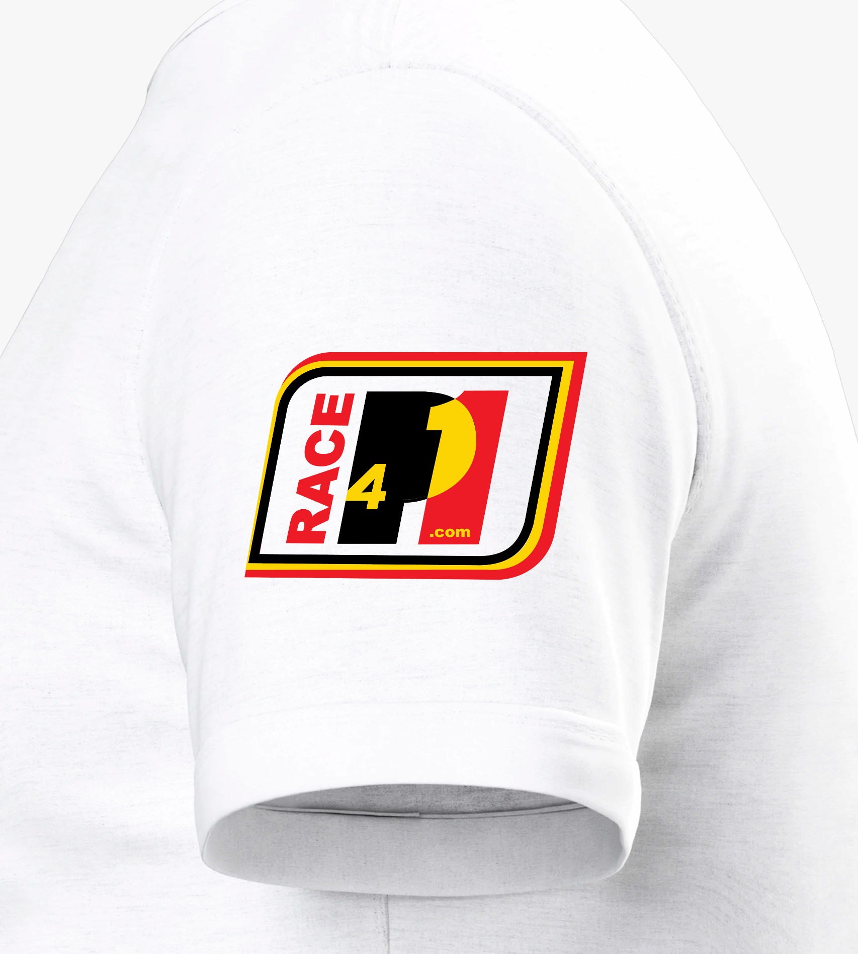 “Close-up of Race4P1 sleeve logo on white t-shirt”