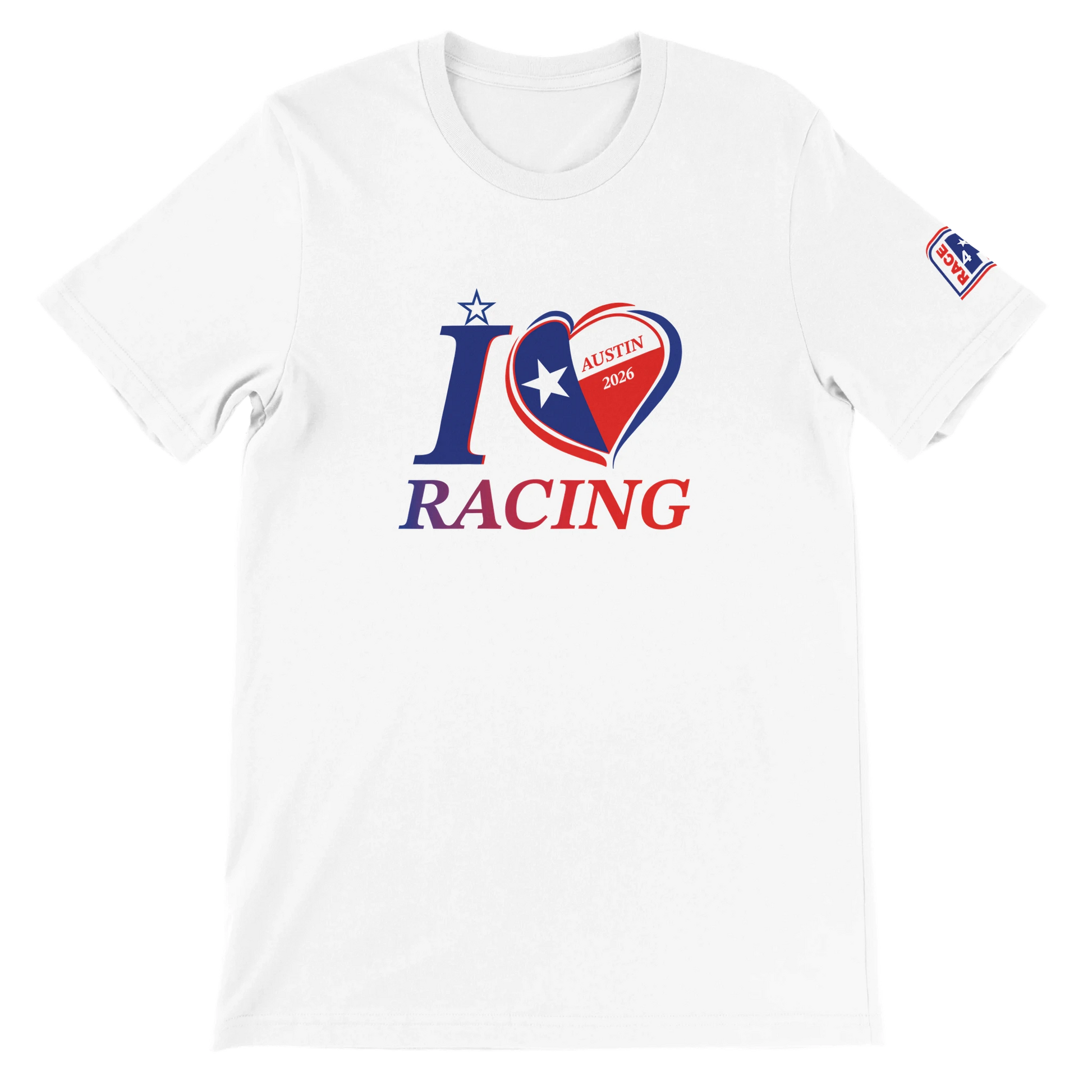 “Front view of white I Love Racing Austin 2026 t-shirt, premium unisex Bella+Canvas 3001.”