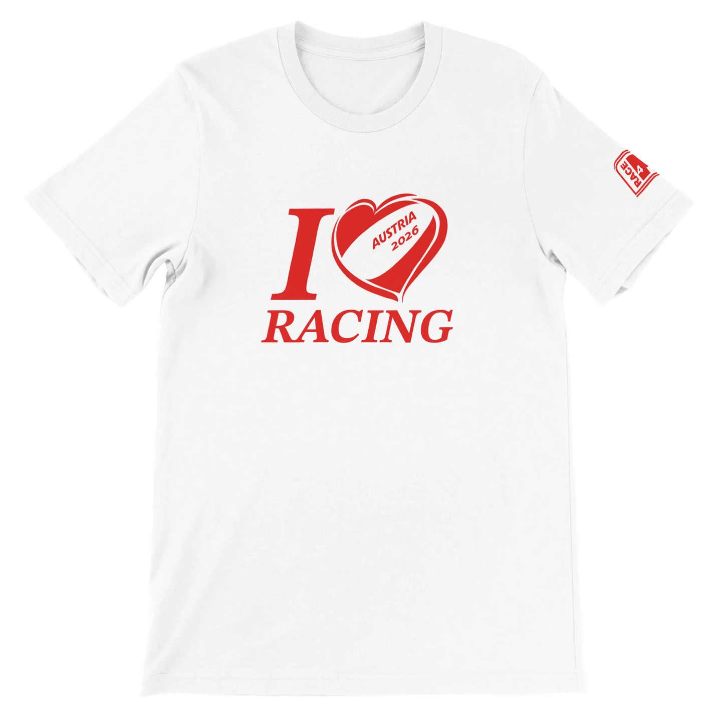 White Bella+Canvas 3001 T-shirt with I Love Racing Austria Track Week 2026 graphic on the front.