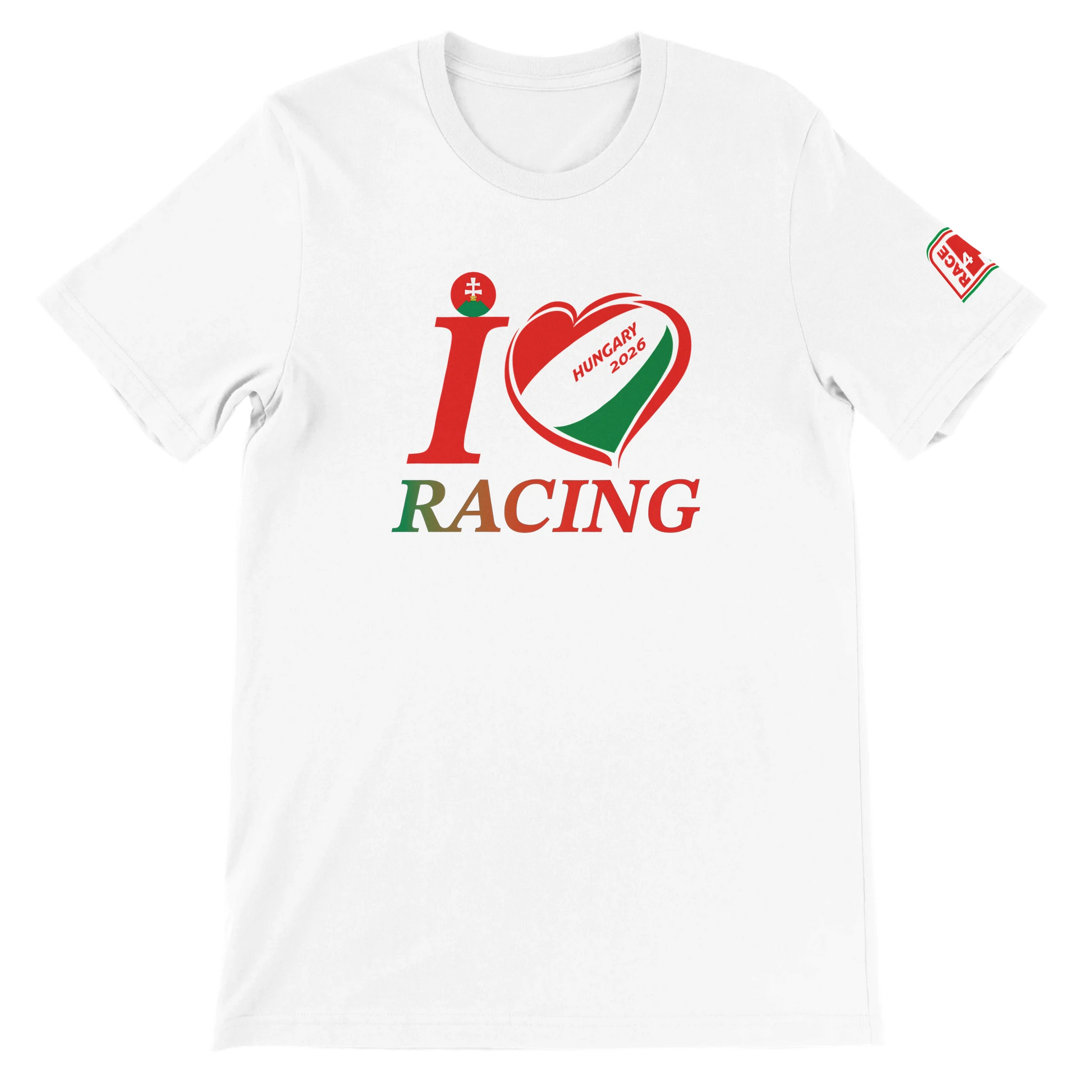 White Bella+Canvas 3001 unisex t-shirt with I Love Racing Hungary Track Week 2026 graphic
