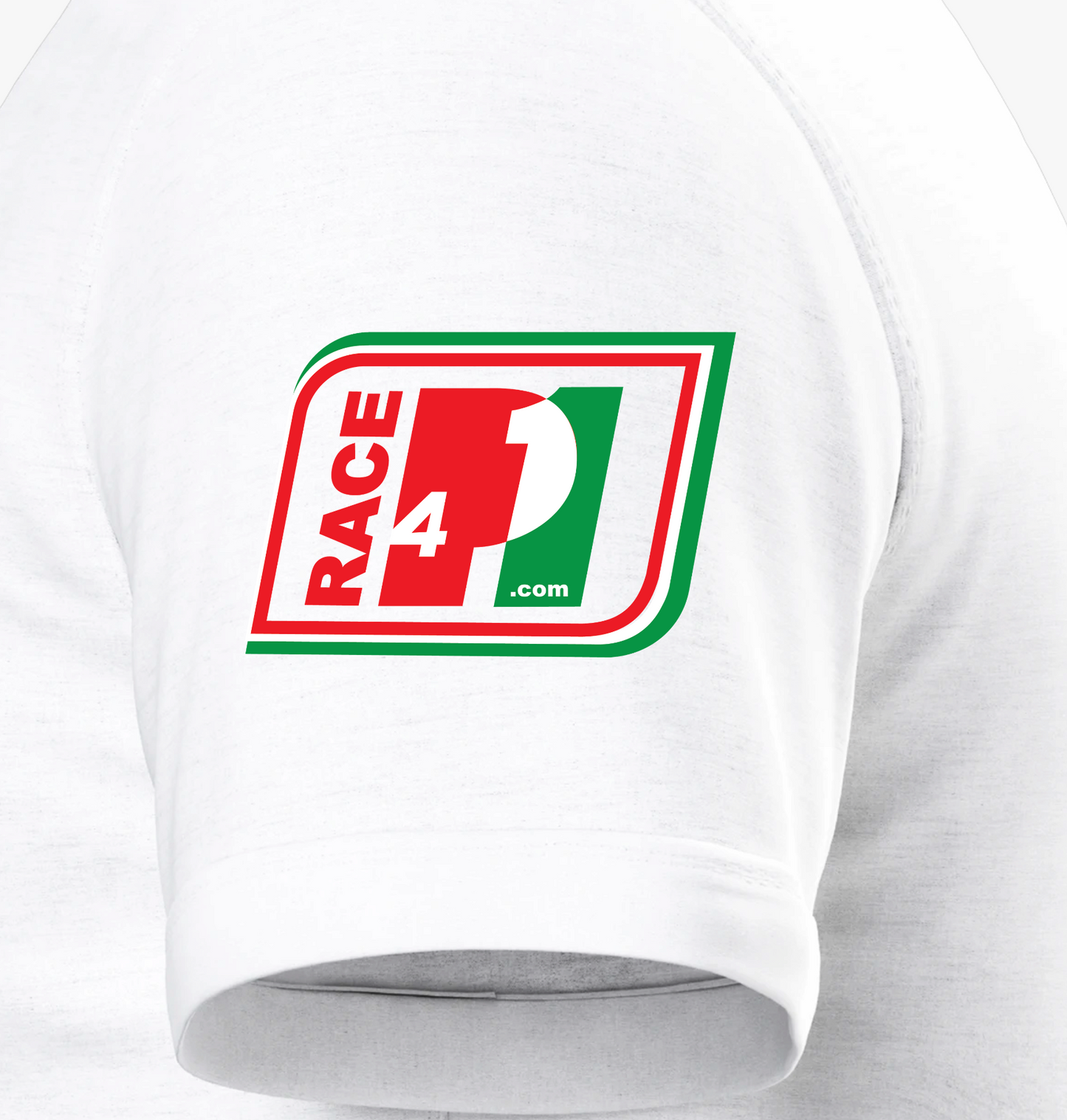 Close-up of Race4P1 Hungary sleeve patch on white premium unisex tee