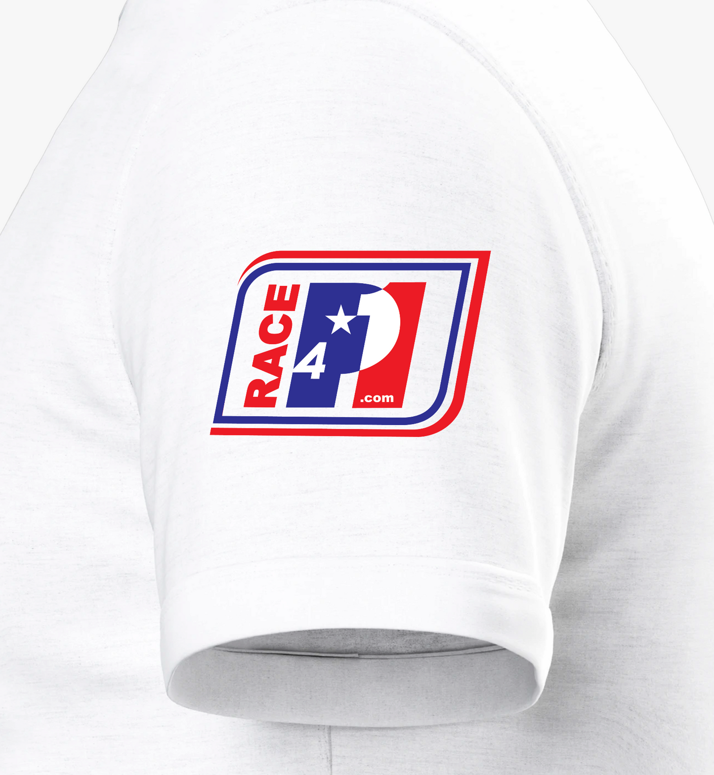 Close-up of Race4P1 Las Vegas sleeve patch on white premium unisex tee