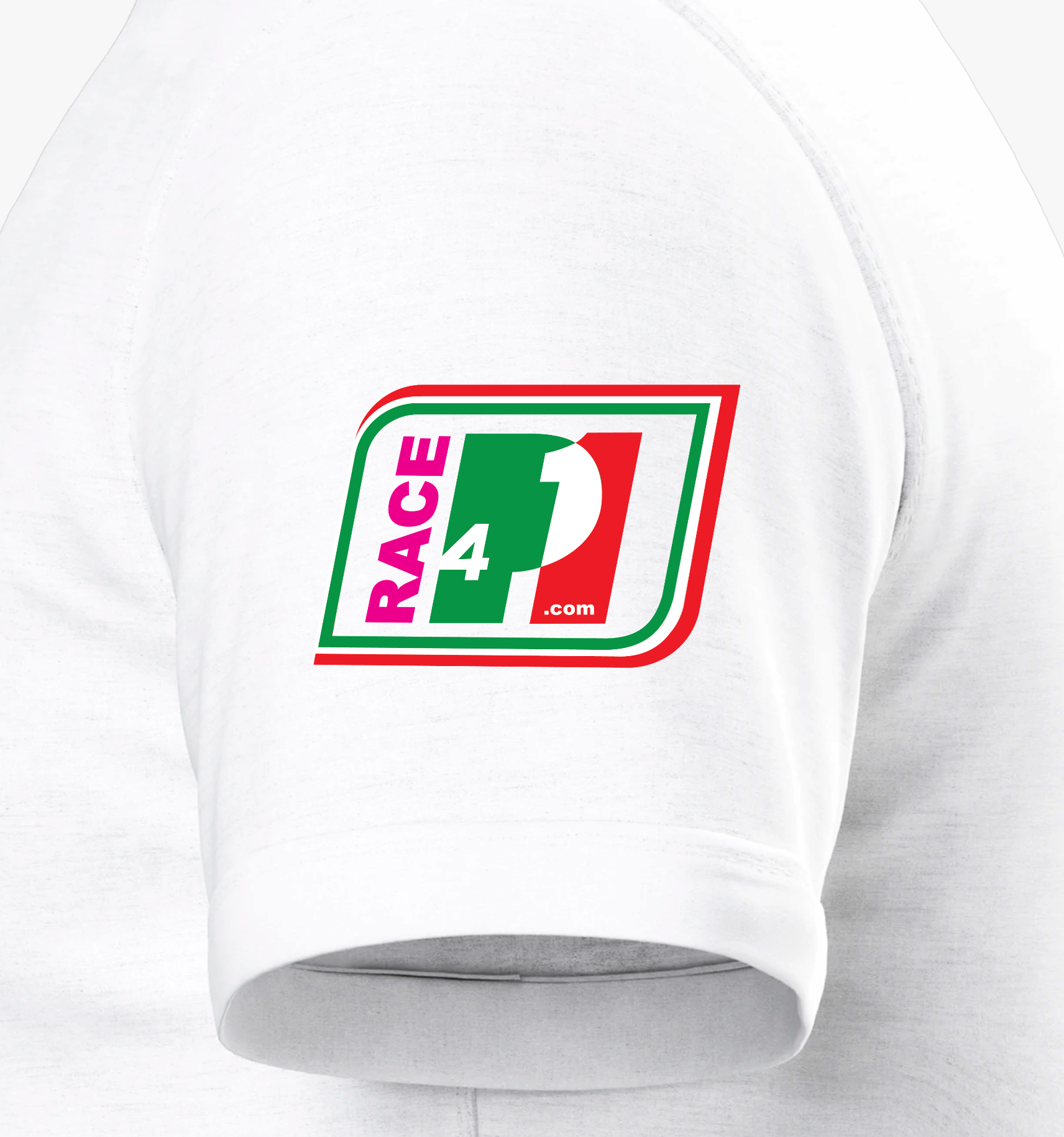 “Close-up of Race4P1 sleeve patch on white T-shirt”