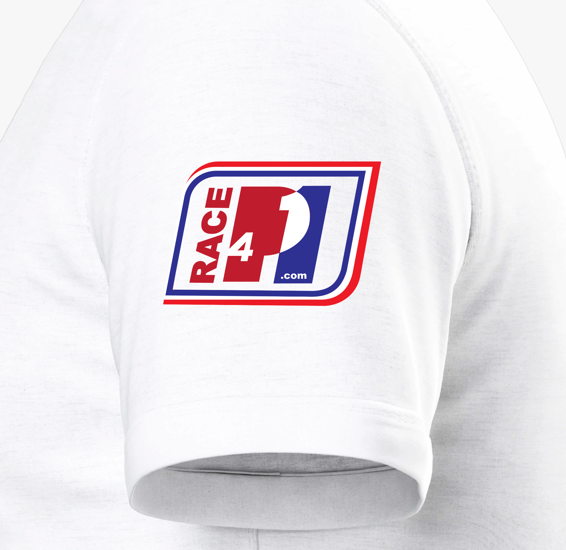 Close-up of Race4P1 sleeve patch on white premium unisex tee