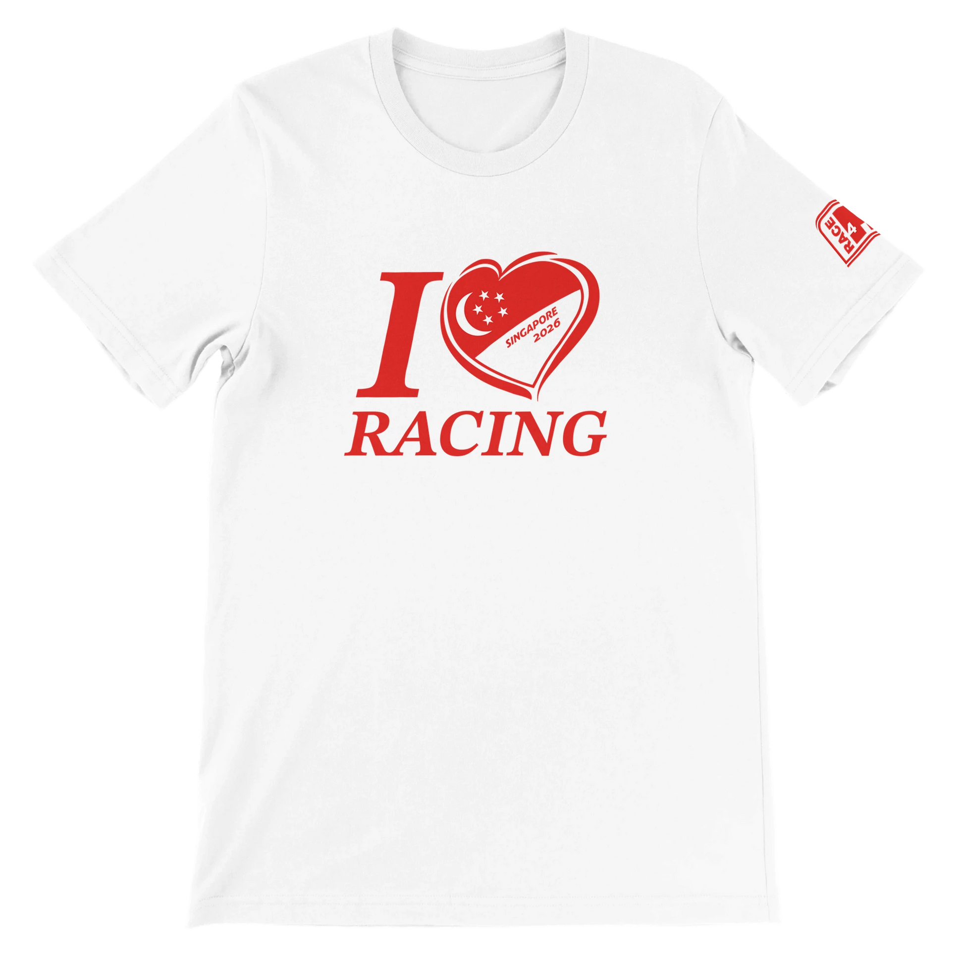 White Bella+Canvas 3001 unisex t-shirt with I Love Racing Singapore Track Week 2026 graphic