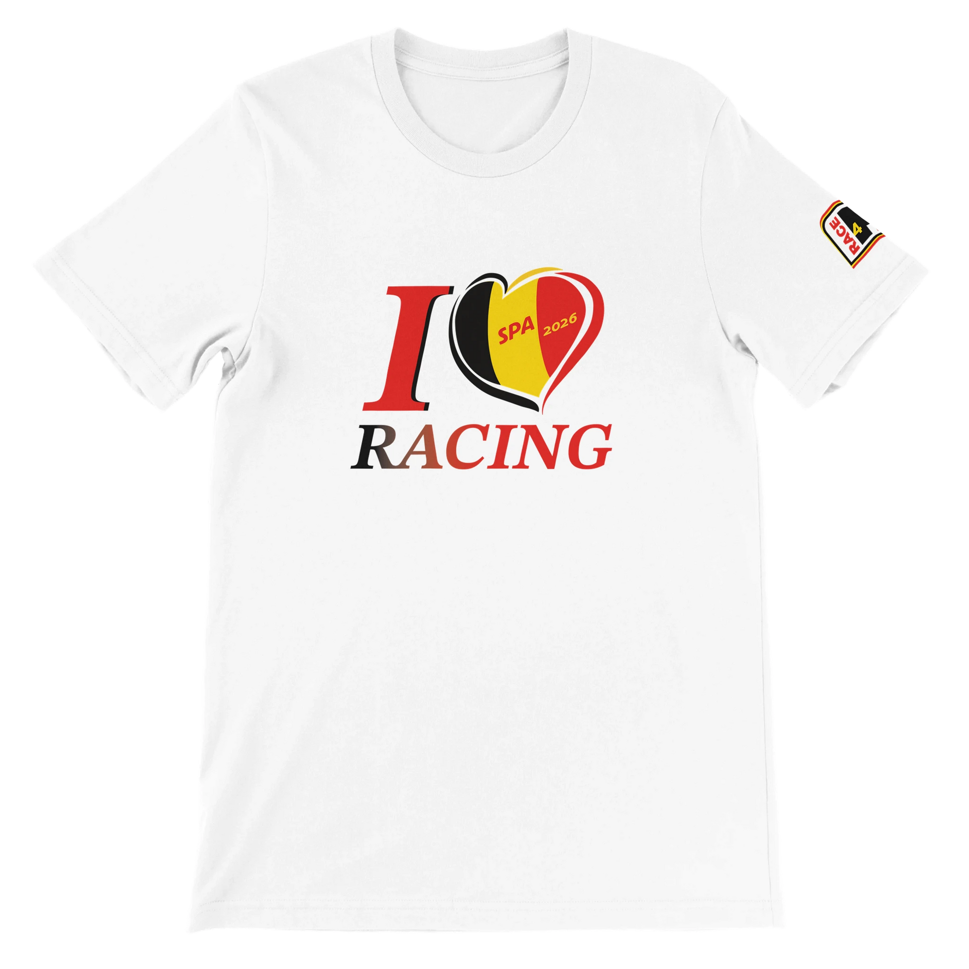 “White Bella+Canvas 3001 t-shirt with I Love Racing Spa Belgium 2026 front graphic”