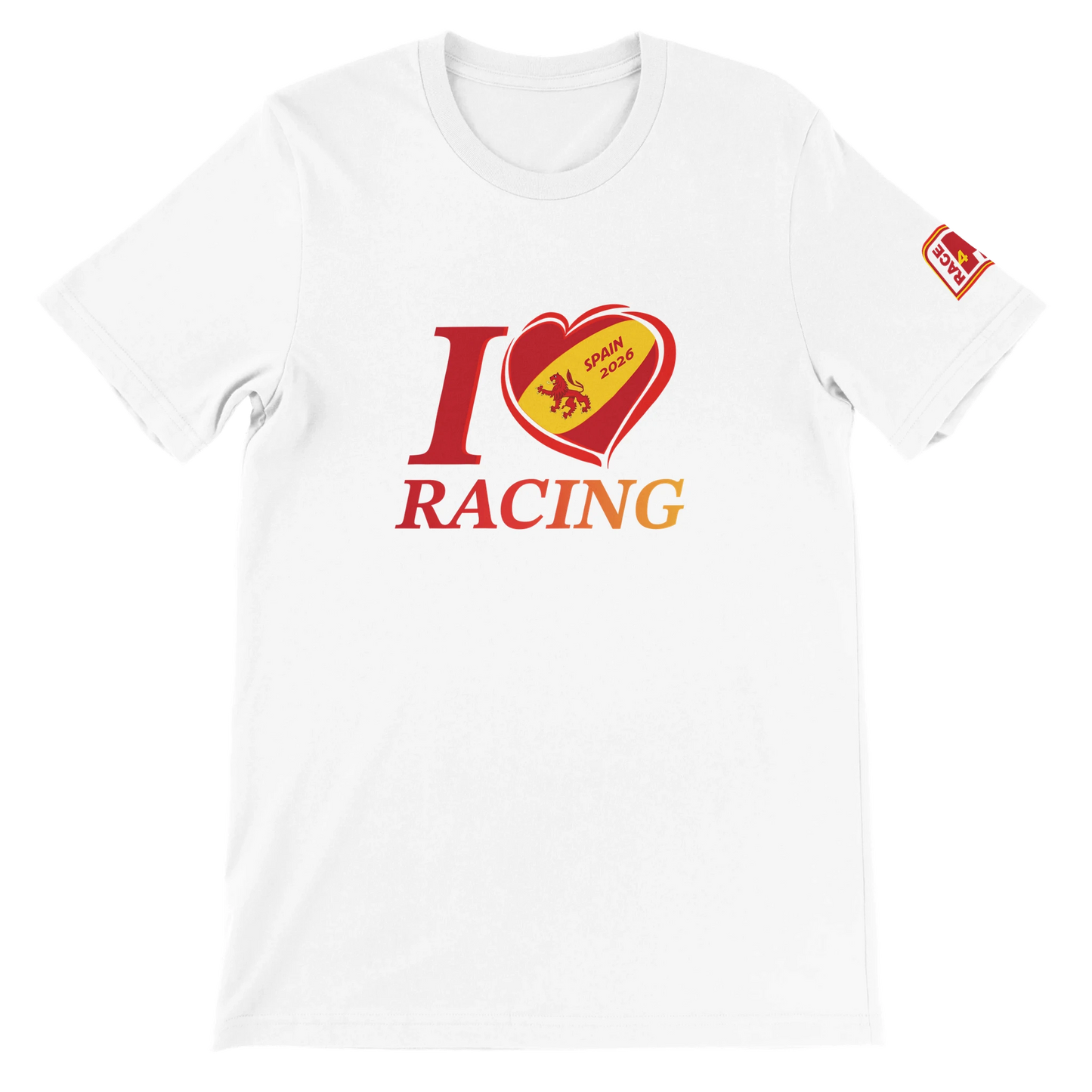 “White Bella+Canvas 3001 t-shirt with I Love Racing Spain 2026 front graphic”