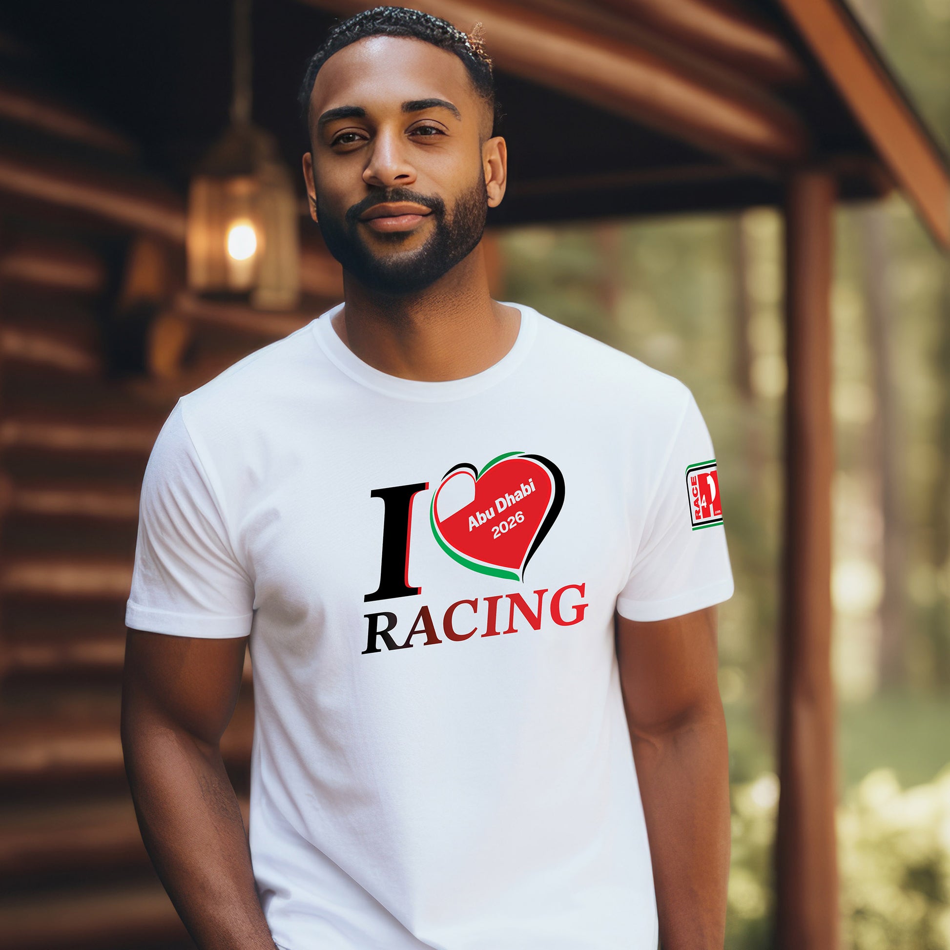 Male model wearing white I Love Racing Abu Dhabi Track Week 2026 t-shirt with UAE flag heart graphic