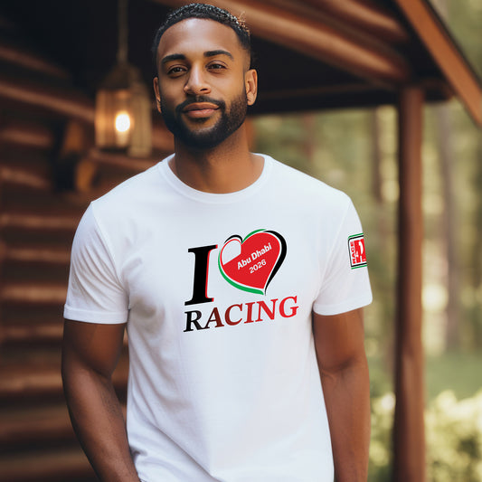 Male model wearing white I Love Racing Abu Dhabi Track Week 2026 t-shirt with UAE flag heart graphic