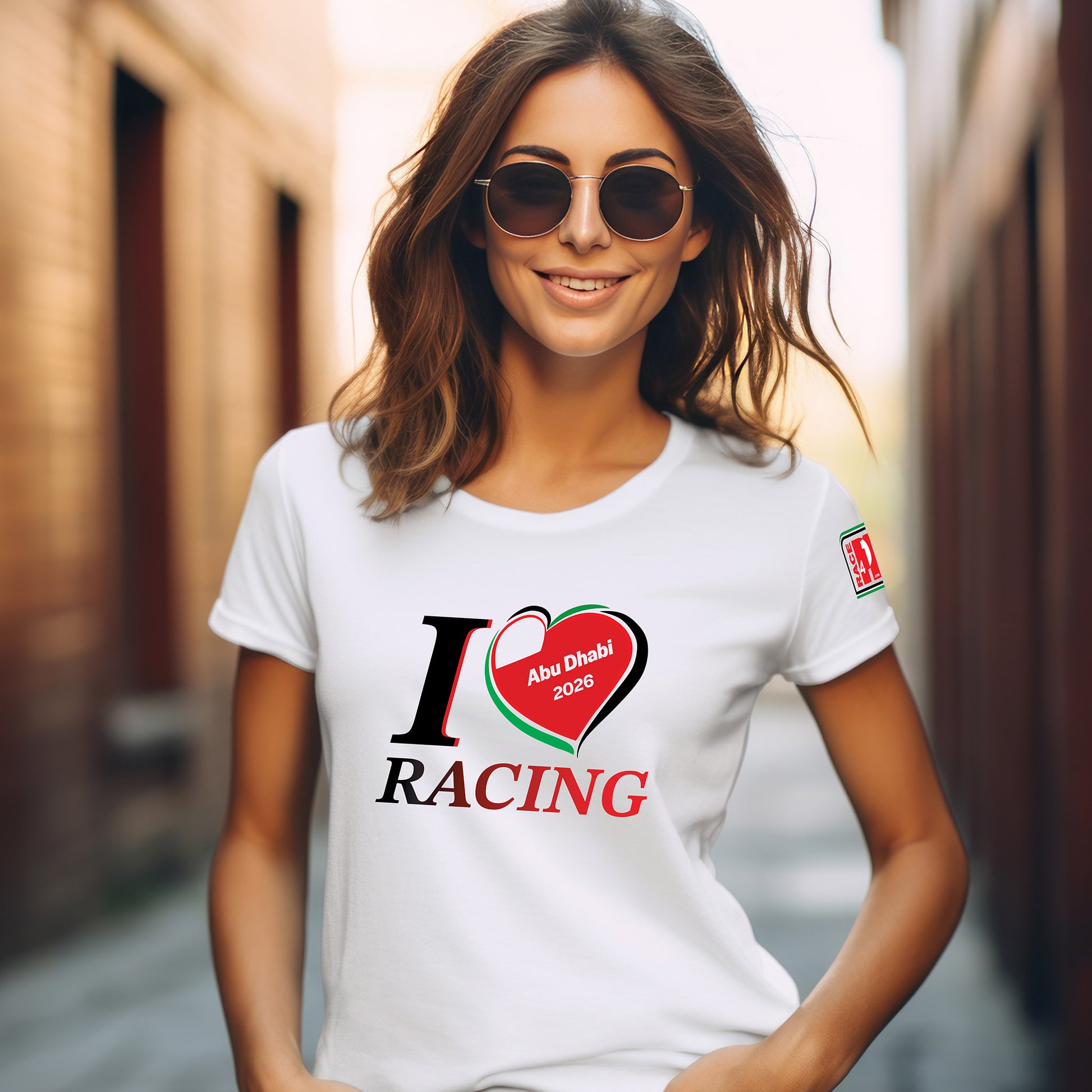 Female model wearing white I Love Racing Abu Dhabi Track Week 2026 t-shirt with UAE flag heart graphic