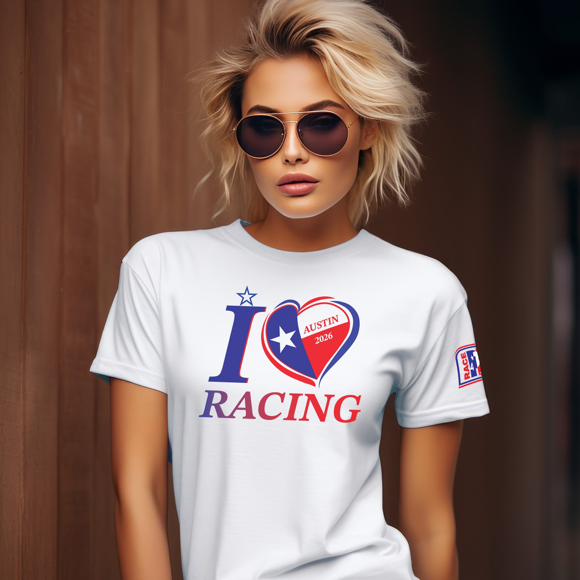 Female model wearing white I Love Racing Austin Track Week 2026 t-shirt with USA flag heart graphic