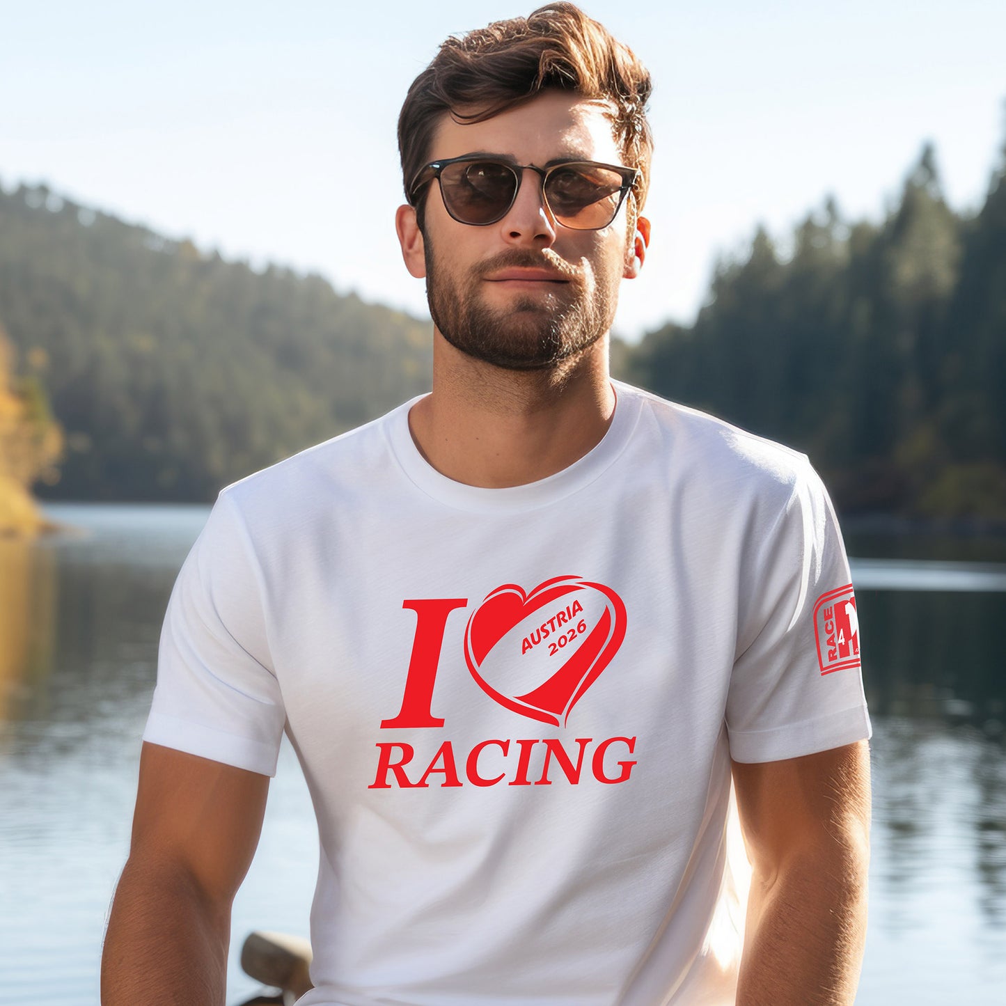 Male model wearing white I Love Racing Austria Track Week 2026 T-shirt with Race4P1 sleeve patch.