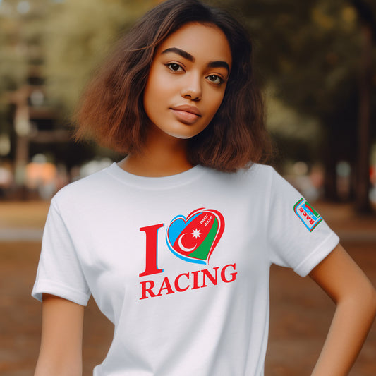 Female model wearing white I Love Racing Baku Track Week 2026 T-shirt with Race4P1 sleeve patch