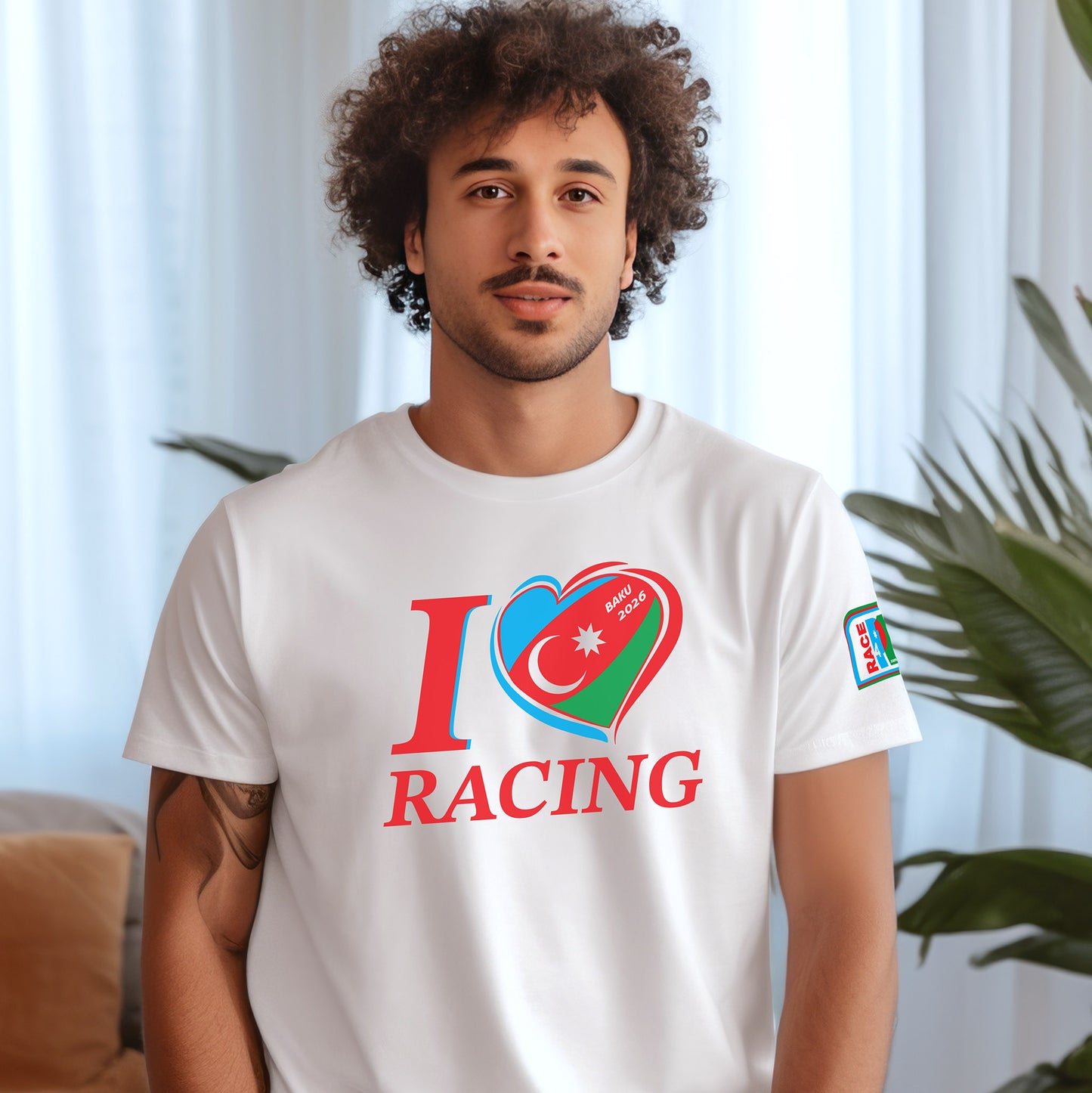 Male model wearing white I Love Racing Baku Track Week 2026 T-shirt with Race4P1 sleeve patch.
