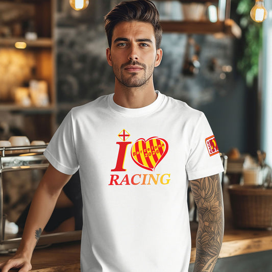 Male model wearing white I Love Racing Barcelona Catalunya Track Week 2026 t-shirt with Senyera heart graphic