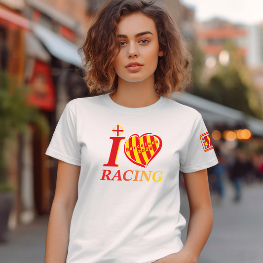 Female model wearing white I Love Racing Barcelona Catalunya Track Week 2026 t-shirt with Senyera heart graphic