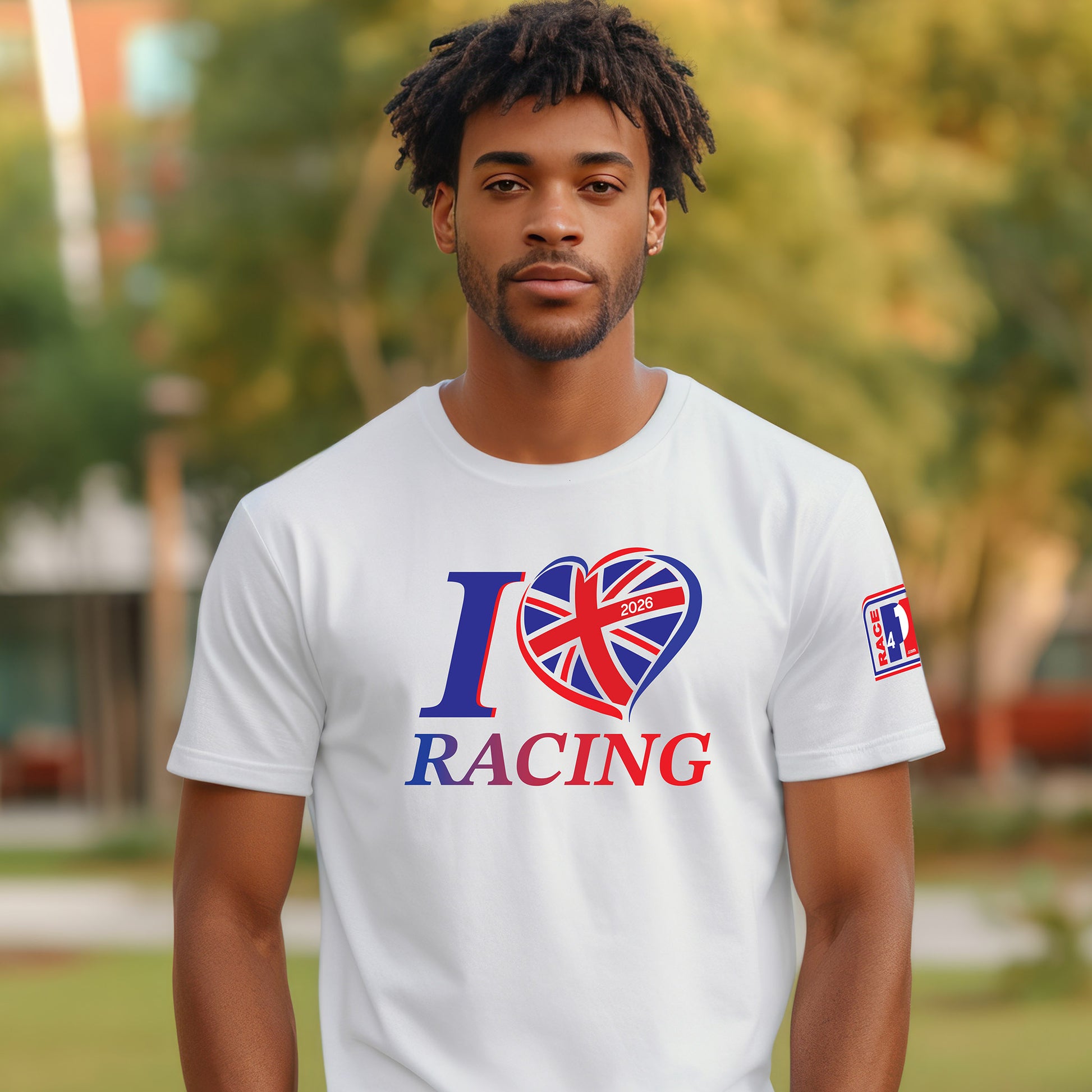 Male model wearing white I Love Racing Great Britain Track Week 2026 t-shirt with Union Jack design