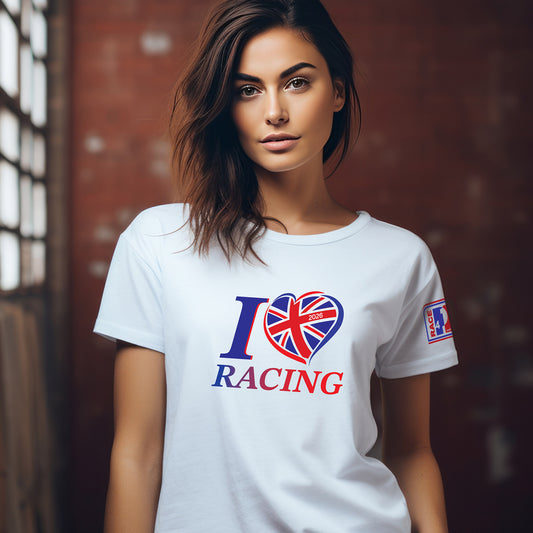 Female model wearing white I Love Racing Great Britain Track Week 2026 t-shirt with Union Jack design