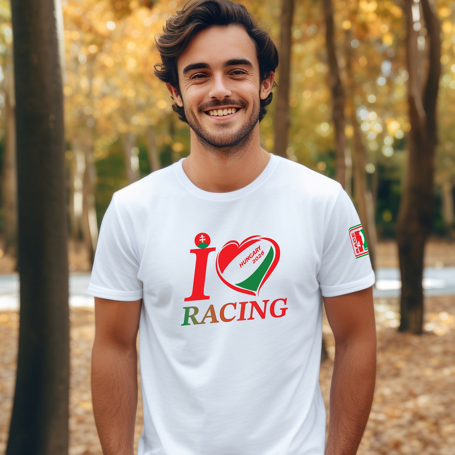 Male model wearing I Love Racing Hungary 2026 white tee with flag-heart design and Race4P1