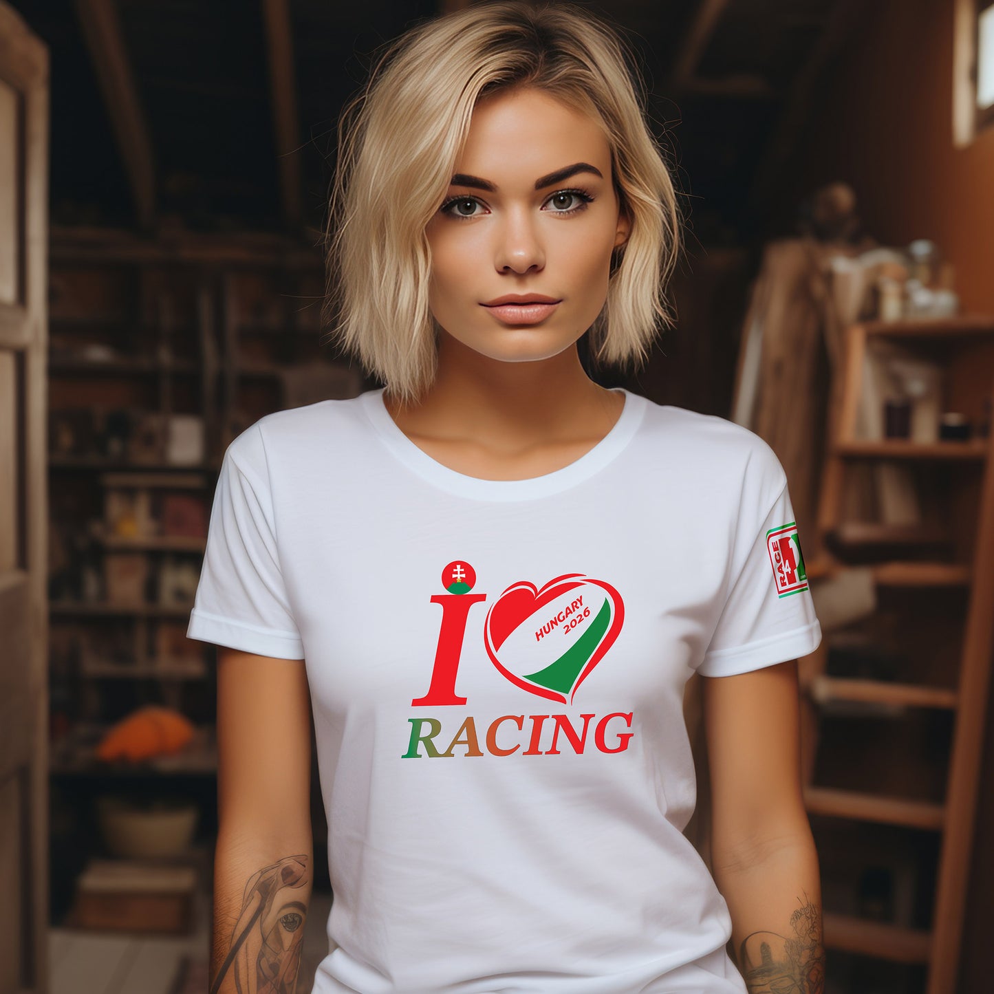 Female model wearing I Love Racing Hungary 2026 white tee with red-white-green heart graphic and Race4P1 sleeve logo