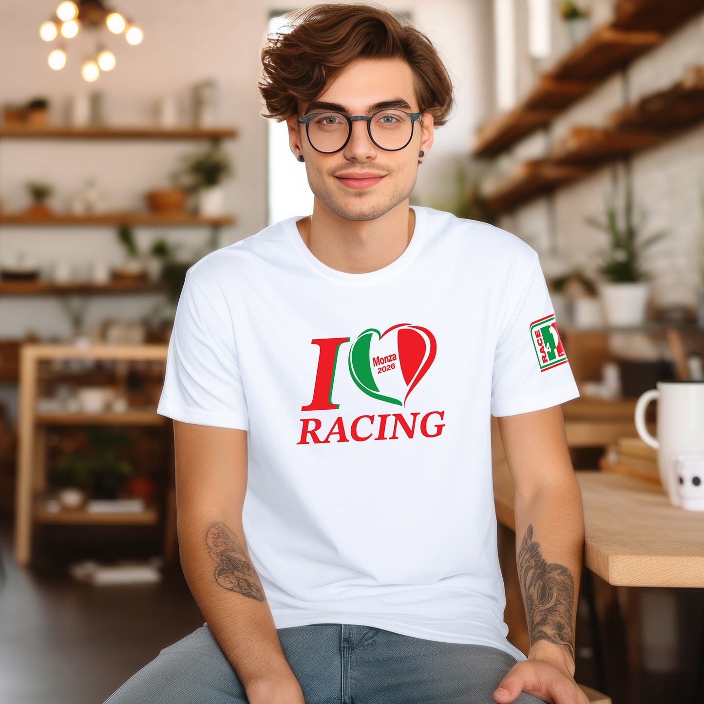 Male model wearing white I Love Racing Monza Track Week 2026 t-shirt with Italian flag heart graphic