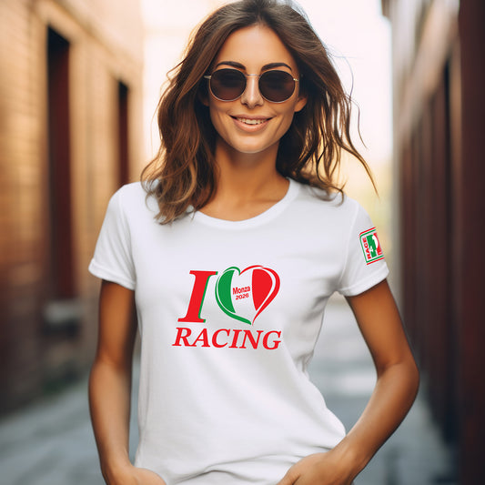 Female model wearing white I Love Racing Monza Track Week 2026 t-shirt with Italian flag heart graphic
