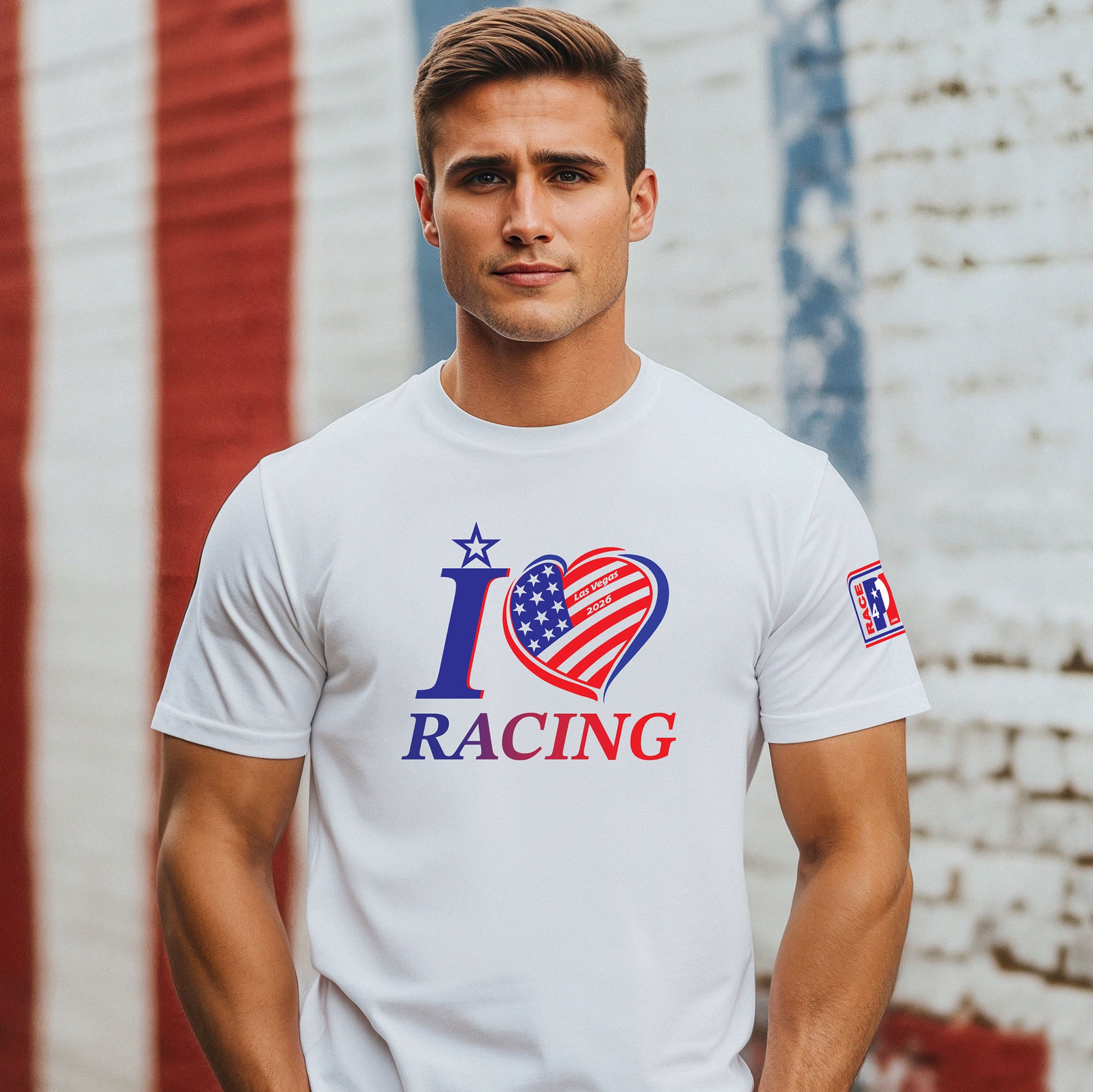 Male model wearing I Love Racing Las Vegas 2026 white tee with heart graphic and Race4P1 sleeve patch
