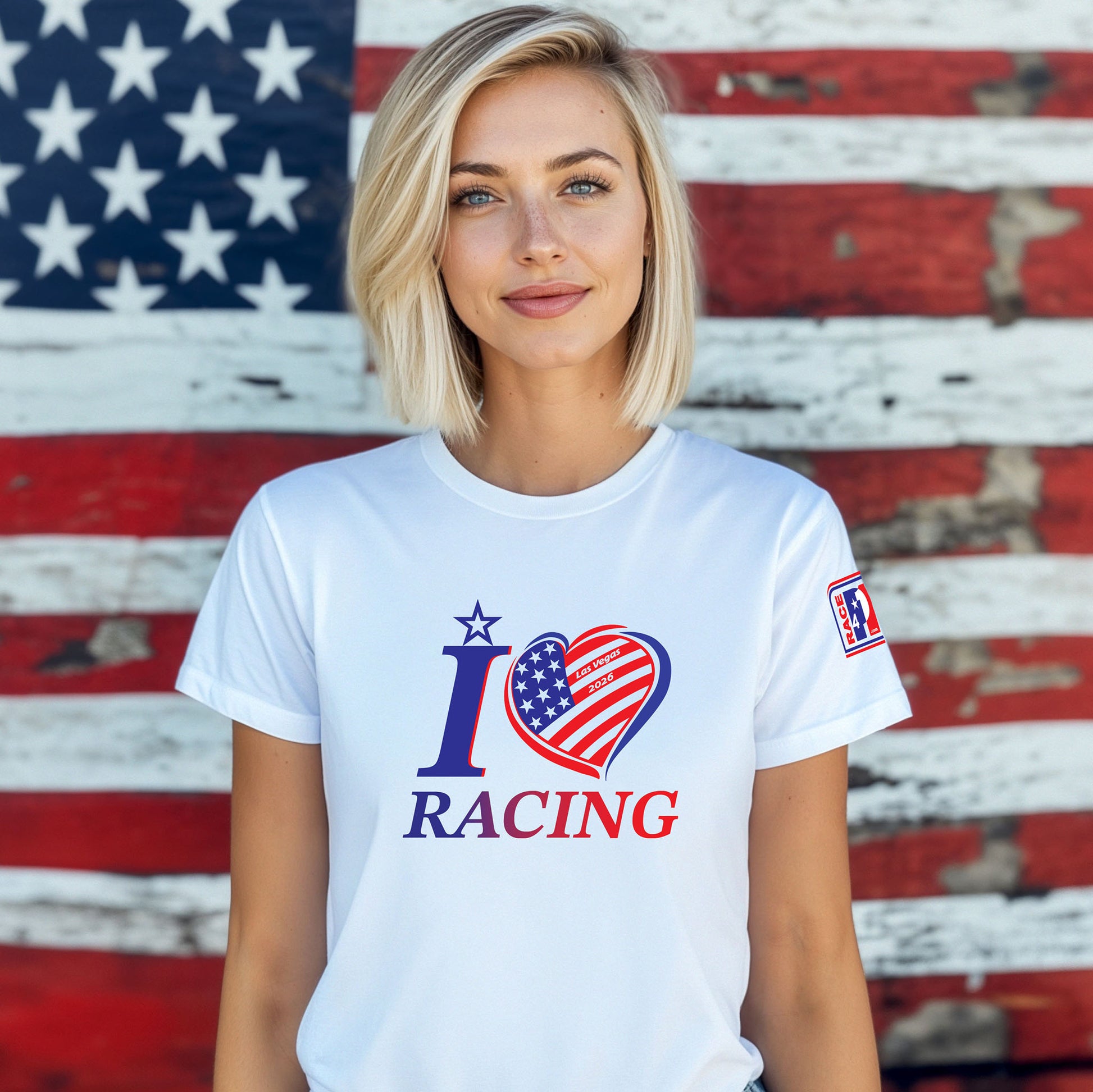 Female model wearing I Love Racing Las Vegas Track Week 2026 white tee with motorsport fan design and Race4P1 sleeve logo
