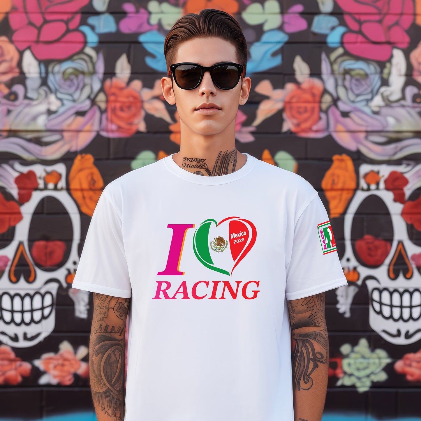 Man wearing white ‘I Love Racing Mexico 2026’ T-shirt with Mexico flag heart graphic”