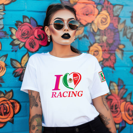“Woman wearing white ‘I Love Racing Mexico 2026’ T-shirt with Mexico flag heart graphic”