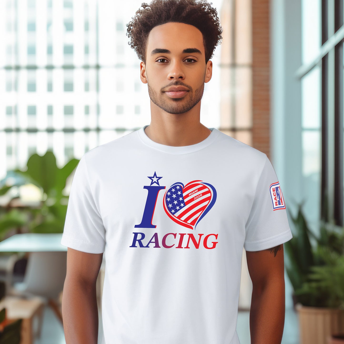 “Male model wearing white I Love Racing Miami Track Week 2026 t-shirt with USA flag heart graphic.”