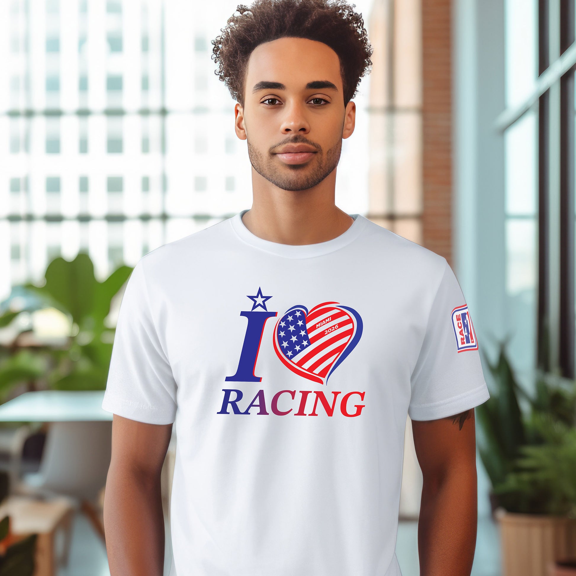 “Male model wearing white I Love Racing Miami Track Week 2026 t-shirt with USA flag heart graphic.”