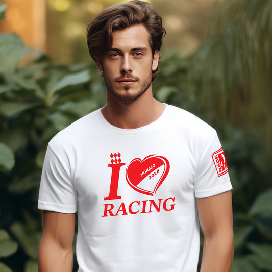 “I Love Racing Monaco Track Week 2026 tee on a white Bella+Canvas 3001 worn by a male model”