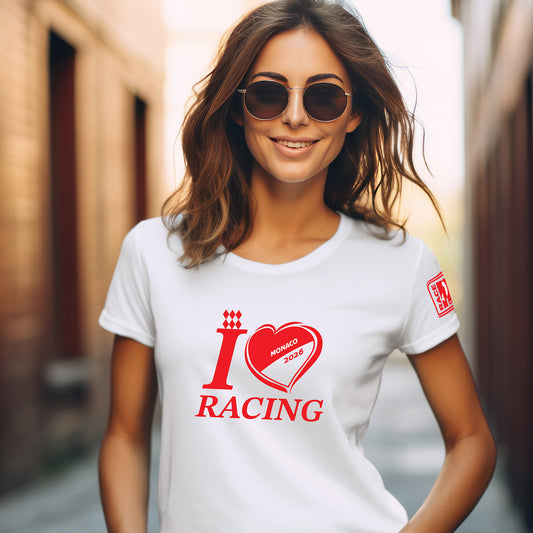 “I Love Racing Monaco Track Week 2026 tee on a white Bella+Canvas 3001 worn by a female model”