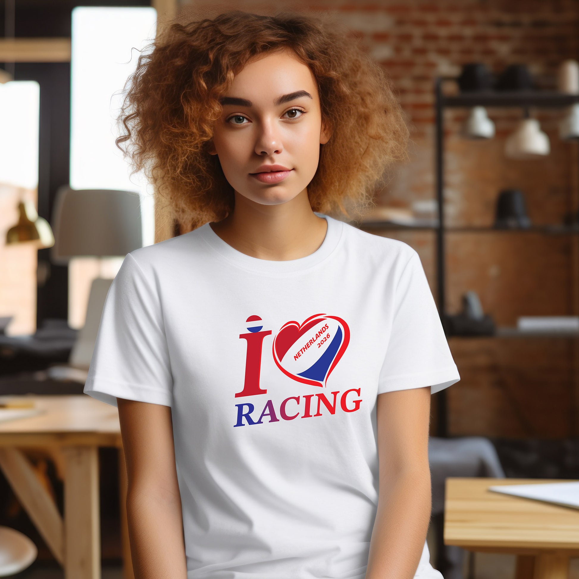Female model wearing I Love Racing Netherlands Track Week 2026 white tee with motorsport fan design and Race4P1 sleeve logo