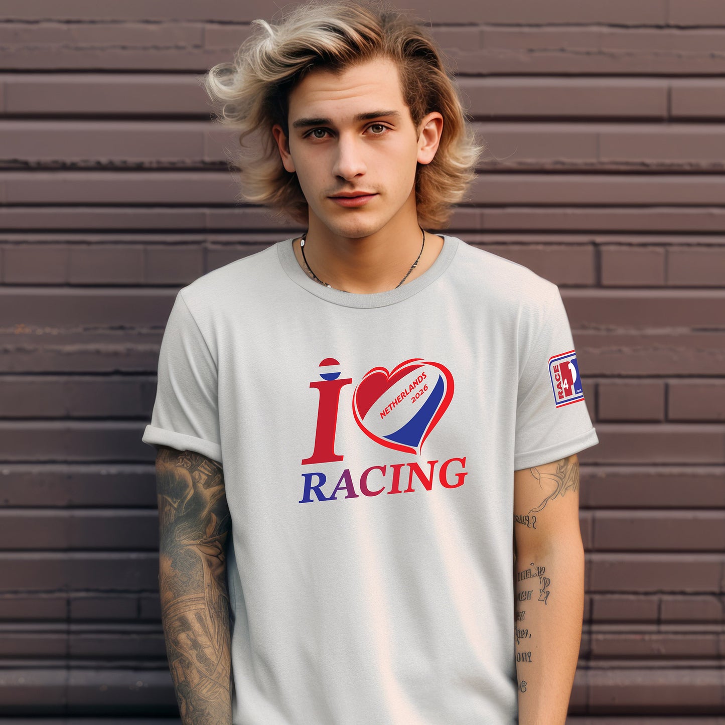 Male model wearing I Love Racing Netherlands 2026 white tee with Dutch flag heart graphic and Race4P1 sleeve patch