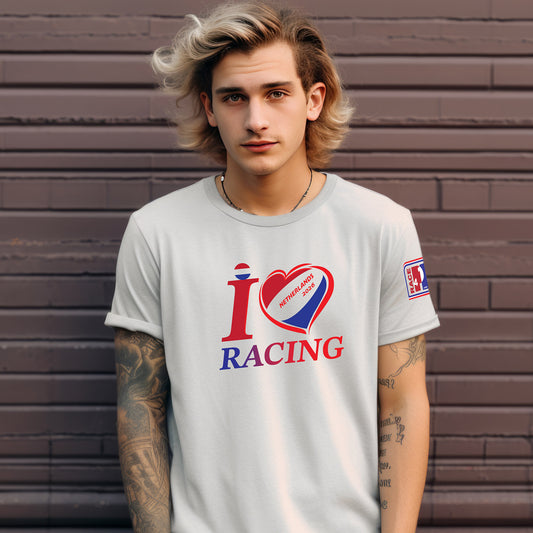 Male model wearing I Love Racing Netherlands 2026 white tee with Dutch flag heart graphic and Race4P1 sleeve patch