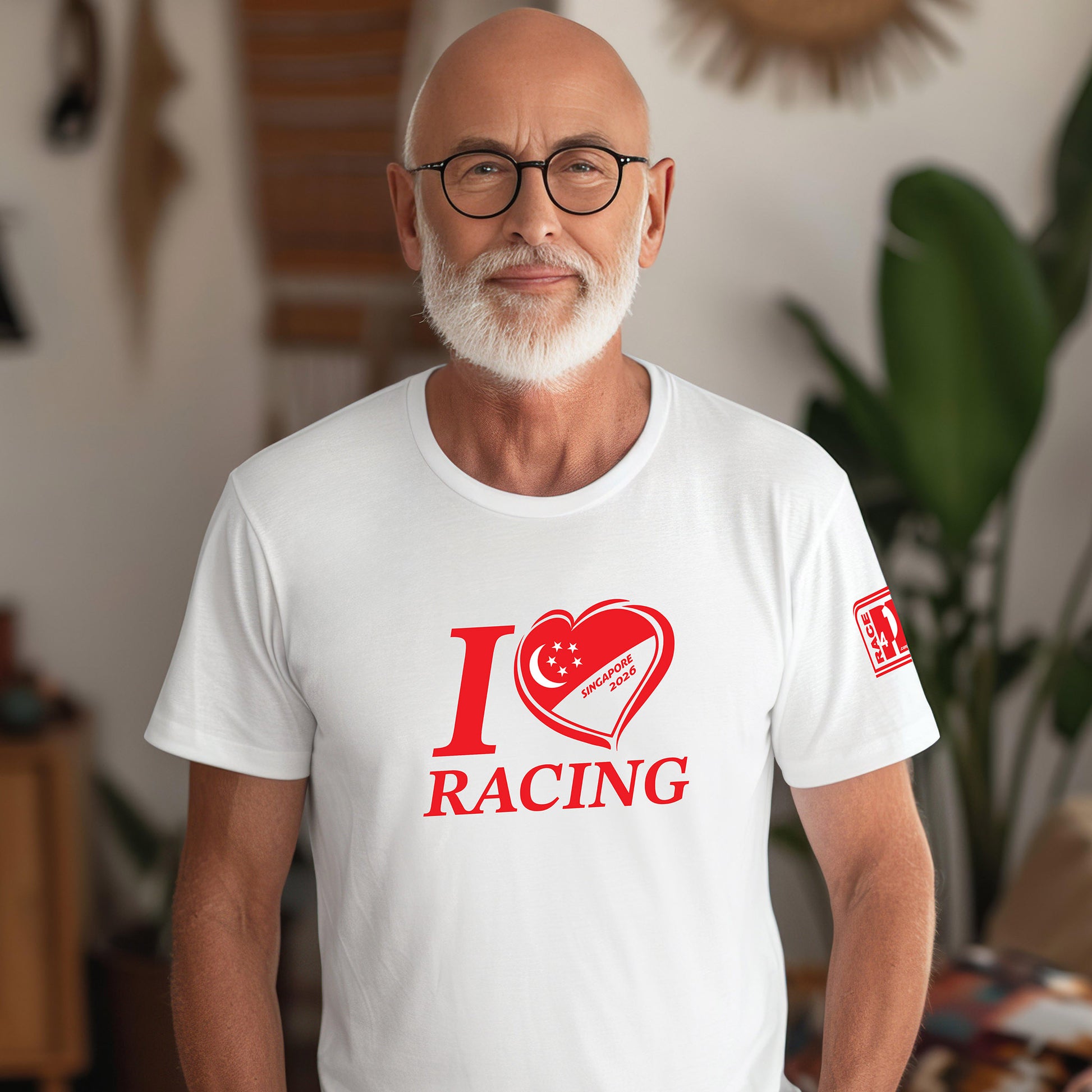 Male model wearing I Love Racing Singapore 2026 white tee with Singapore flag heart graphic and Race4P1 sleeve patch