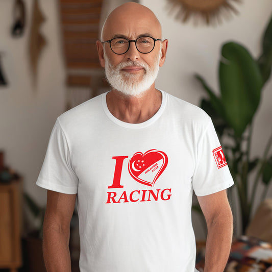 Male model wearing I Love Racing Singapore 2026 white tee with Singapore flag heart graphic and Race4P1 sleeve patch