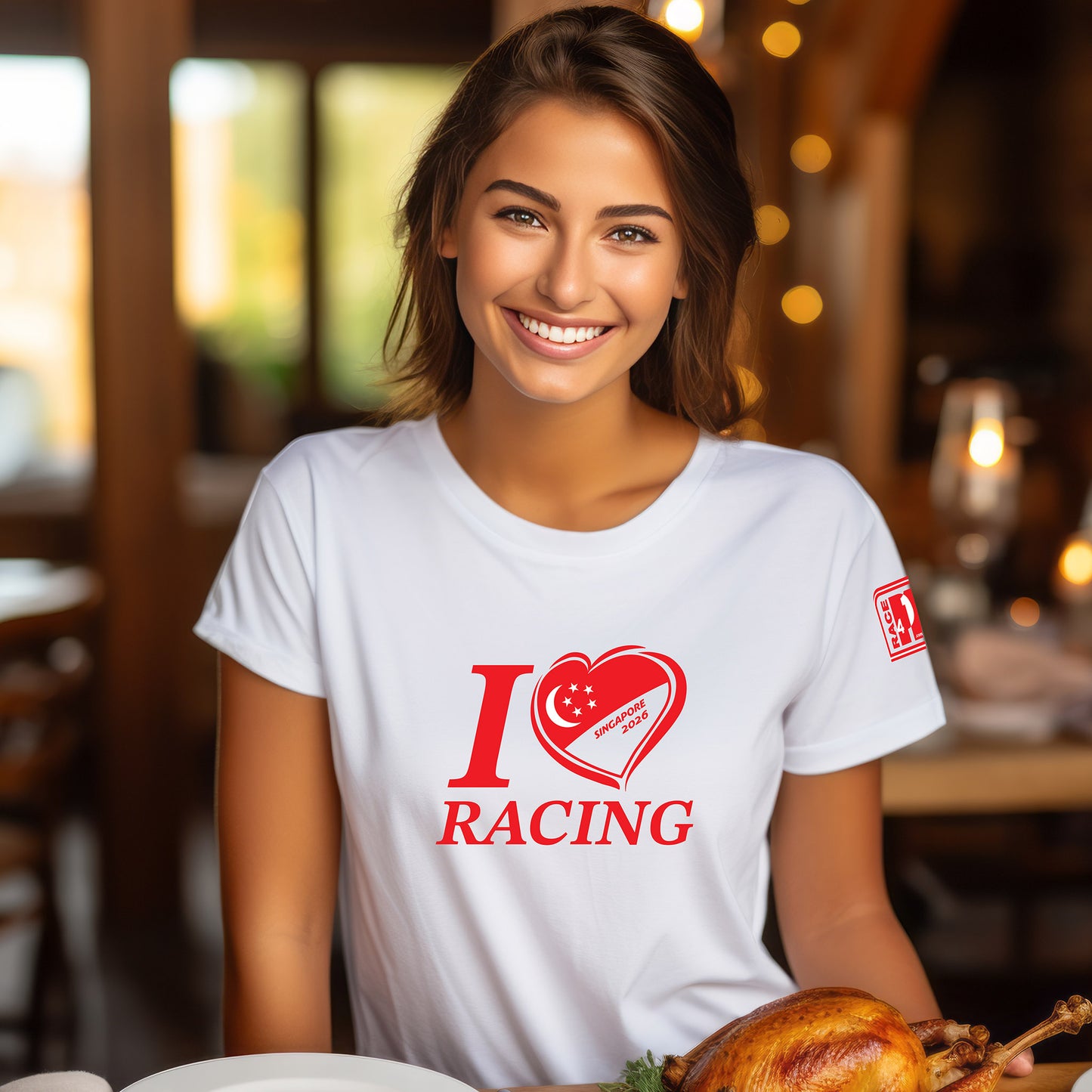 Female model wearing I Love Racing Singapore Track Week 2026 white tee with motorsport fan design and Race4P1 sleeve logo
