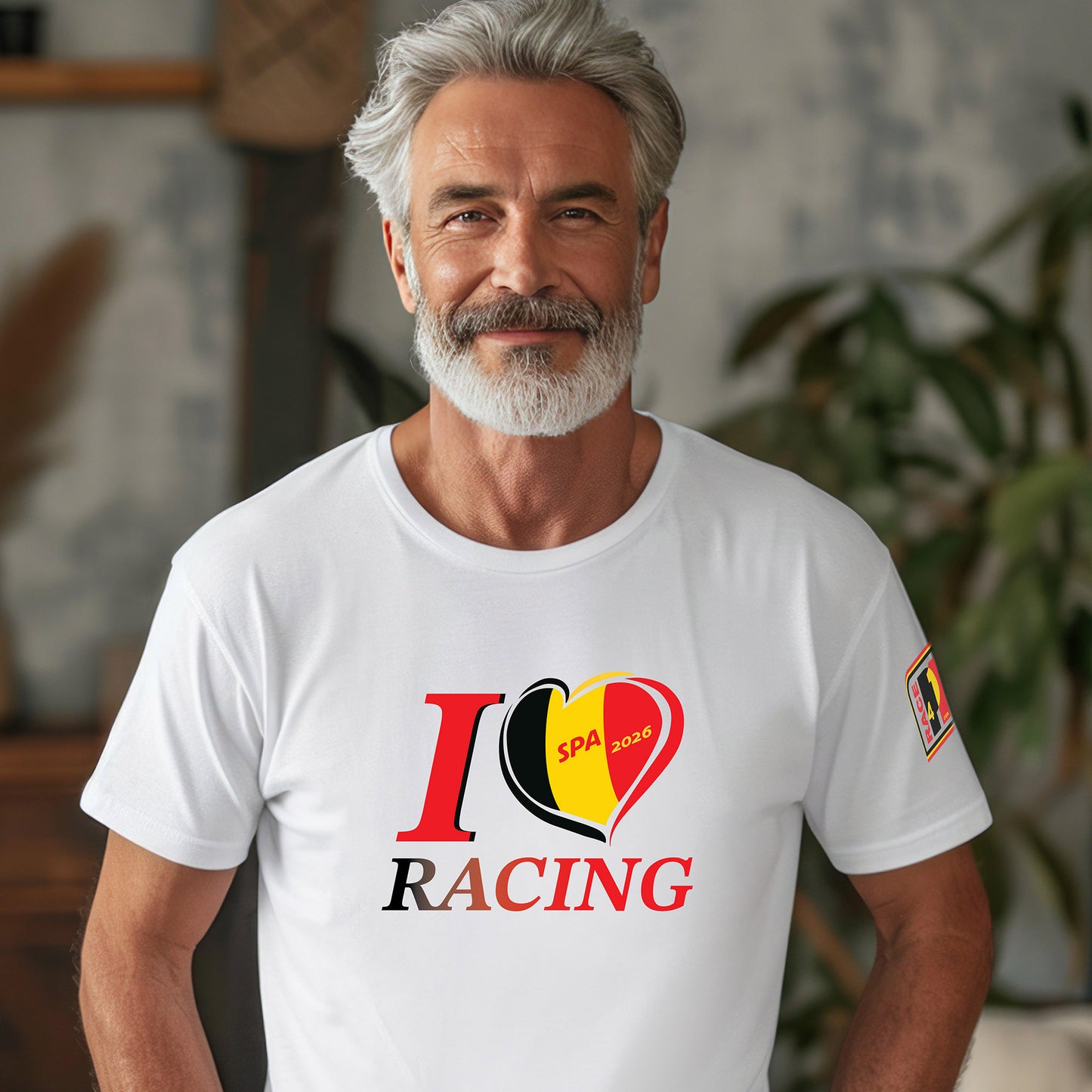 “Male model wearing white I Love Racing Spa Belgium 2026 t-shirt with heart graphic and Race4P1 sleeve logo”