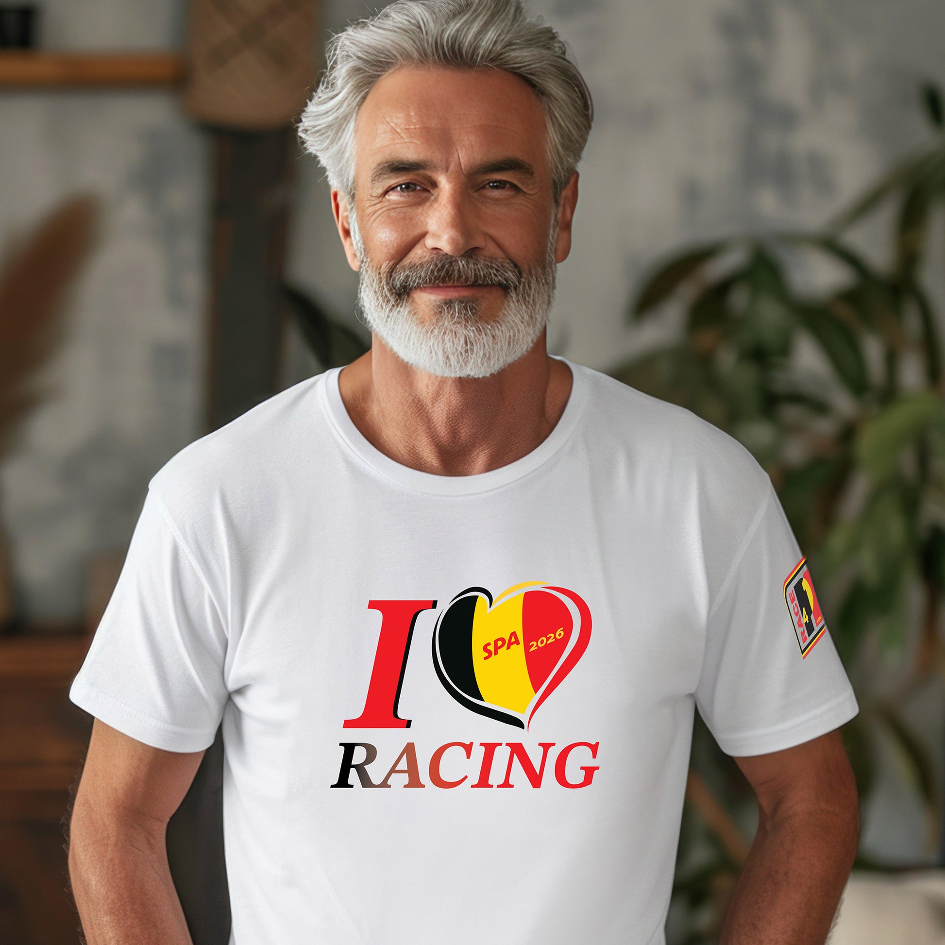 “Male model wearing white I Love Racing Spa Belgium 2026 t-shirt with heart graphic and Race4P1 sleeve logo”