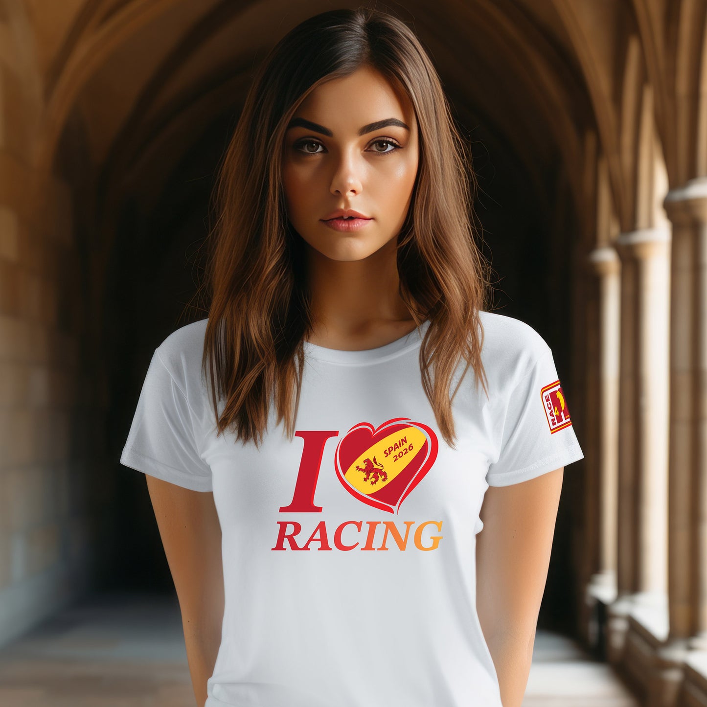“Female model wearing white I Love Racing Spain 2026 t-shirt with heart graphic and Race4P1 sleeve logo”