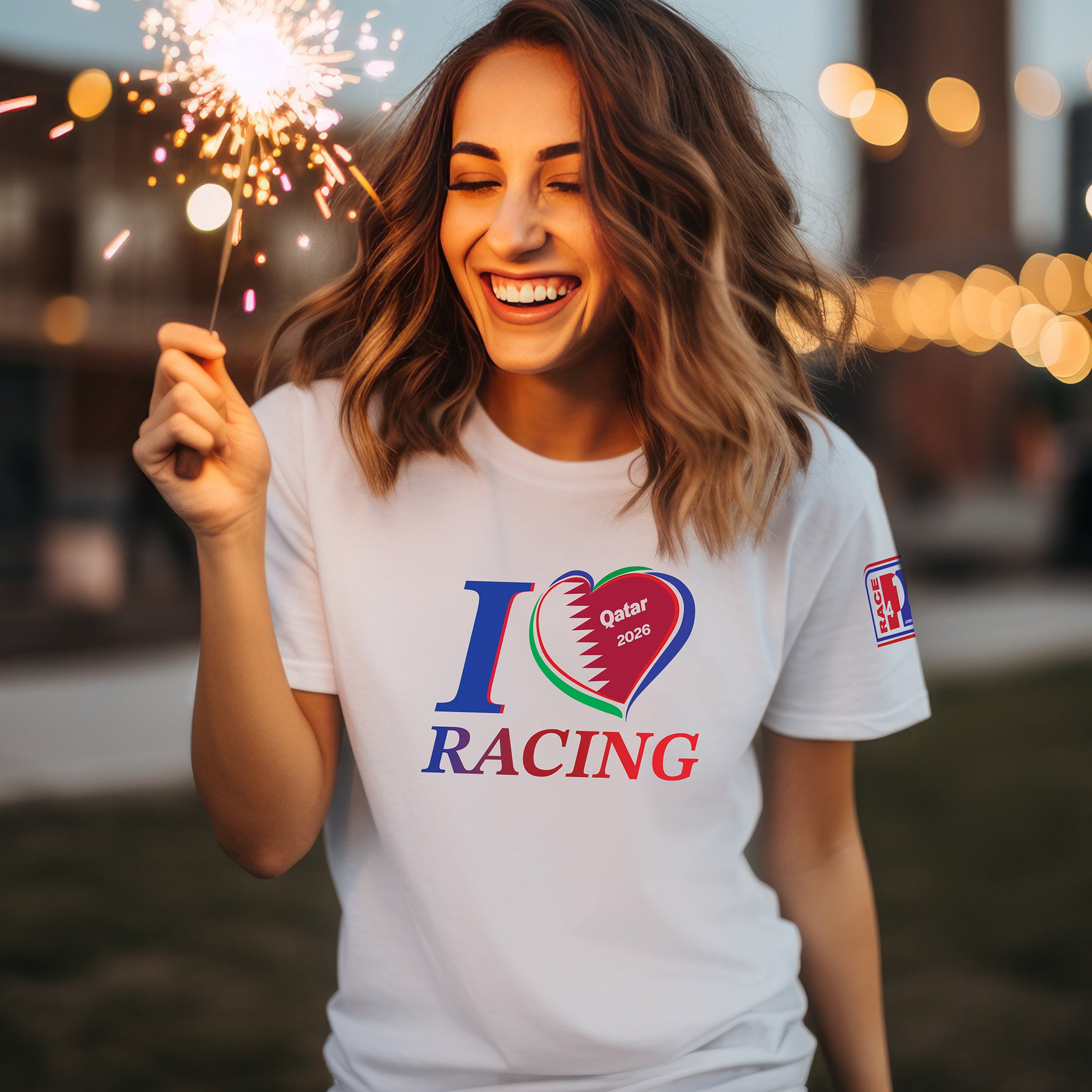 Female model wearing white I Love Racing Qatar Track Week 2026 t-shirt with Qatar flag heart graphic