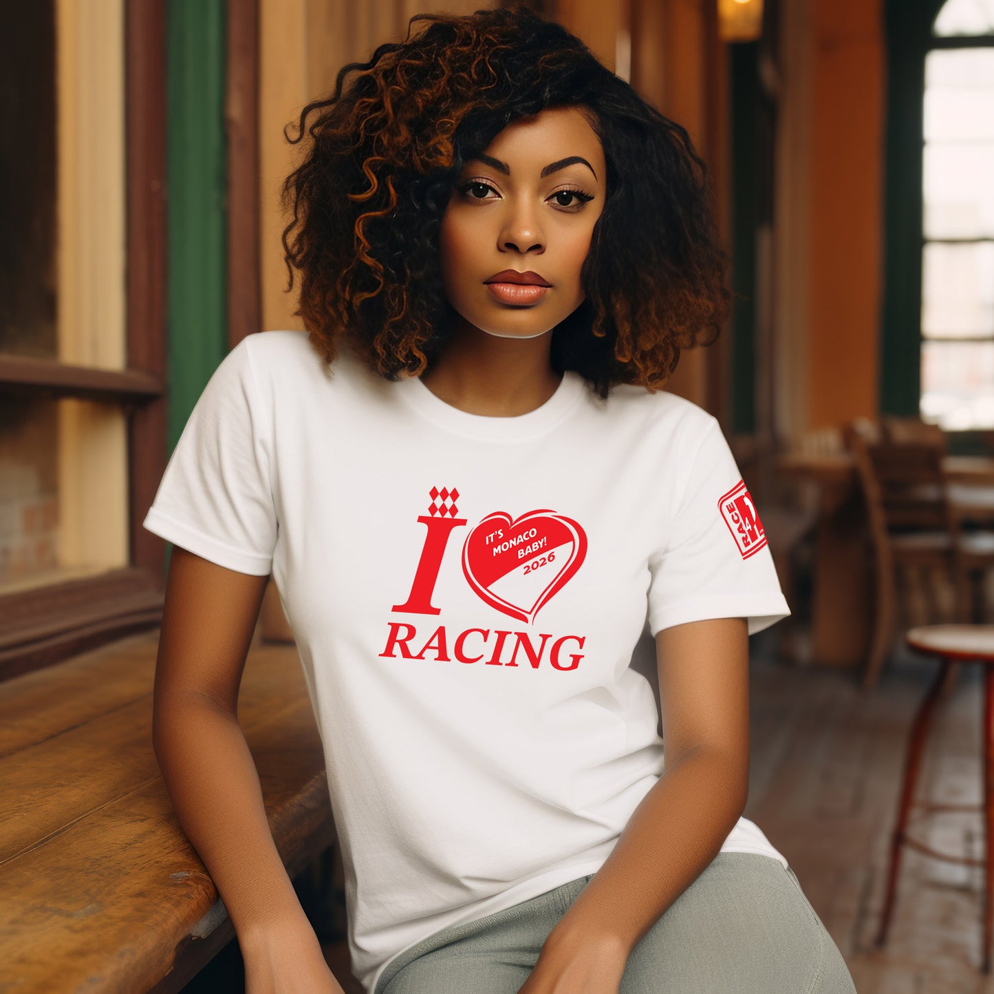 Male model wearing white It's Monaco Baby! I Love Racing 2026 t-shirt with Race4P1 sleeve patch