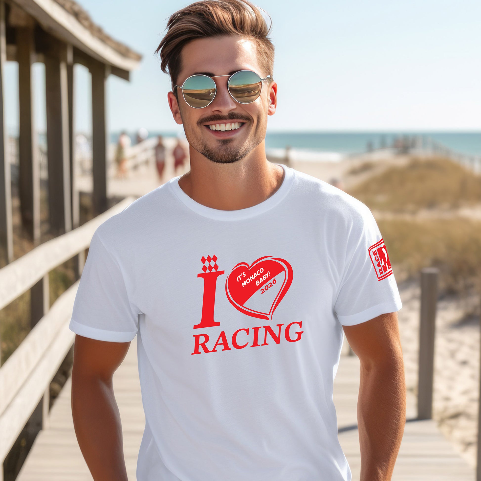Female model wearing white It's Monaco Baby! I Love Racing 2026 t-shirt with Race4P1 sleeve patch