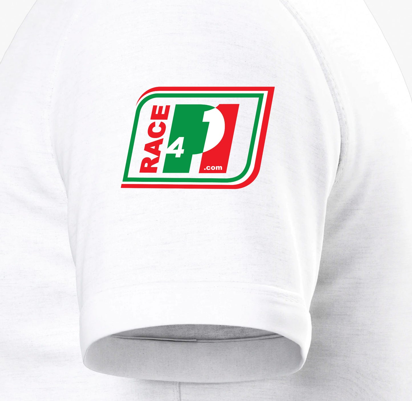 Close-up of Race4P1 sleeve patch on white I Love Racing Monza Track Week 2026 t-shirt