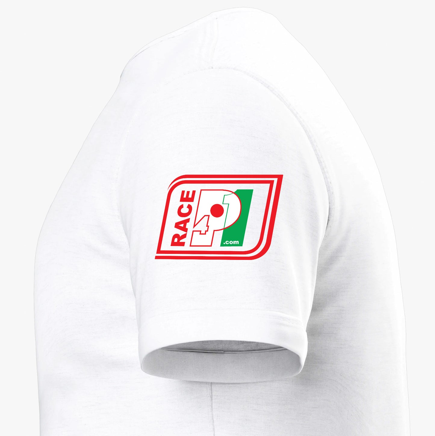 Close-up of Race4P1 sleeve patch on white I Love Racing Suzuka Track Week 2026 t-shirt