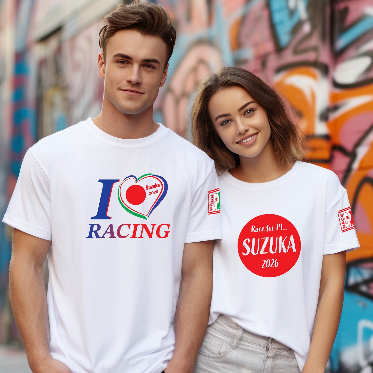 Couple wearing white I Love Racing Suzuka Track Week 2026 t-shirts with Japan-inspired heart graphics
